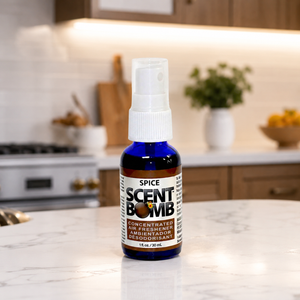 Spice Scent Bomb air freshener bottle on a kitchen counter