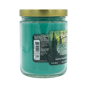 A 13 oz glass jar candle with a gold metal lid, filled with teal-green wax. The front features a black and green label for 'Balcony Mist Smoke Repelling Candle' by Phil Hoge Creations, Inc.