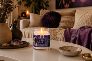 Lit Indica Girl Candle sitting on white coffee table I small, cozy bohemian living room with purple and cream decor. 
