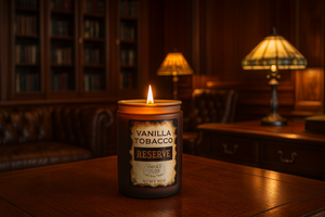 Vanilla Tobacco Reserve candle on a wooden table with a warm, dimly lit background.