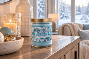 Sparkling Juniper Smoke Odor Candle in a cozy living room in winter time