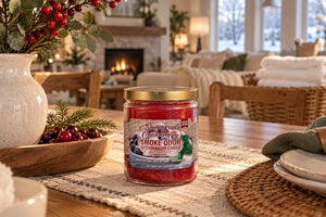 Sugared Cranberry Smoke odor Candle on dining table in welcoming home at Christmas time