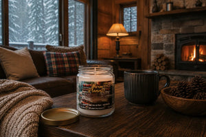Front view of Warm Flannel scent Smoke Odor Exterminator candle sitting on a table in a fancy log cabin in the woods. 