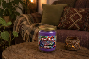 Zkittlez Odor Exterminator cable jar sitting on coffee table in cozy bohemian living room