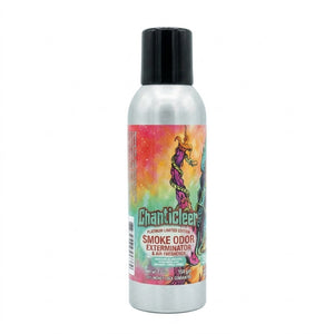 A silver aerosol can of Chanticleer Smoke Odor Exterminator with a black cap and a colorful label featuring a fantasy character, isolated on a white background.