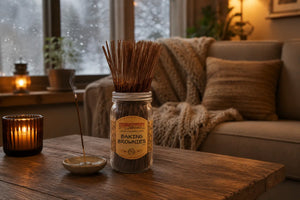 Front view of Wild Berry Incense sticks in Baking Brownies scent sitting on a table in cozy living room