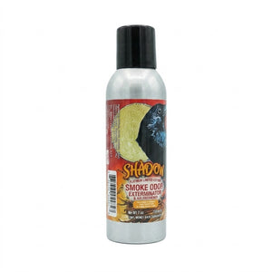 A silver aerosol can of Shadow Smoke Odor Exterminator with a black cap, featuring a label with a black bird and yellow graphic on a white background.