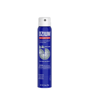 Ozium air sanitizer spray in That New Car Smell fragrance 3.5 ounce bottle for eliminating auto odors