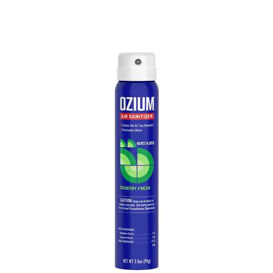 Ozium Country Fresh air sanitizer spray reducing airborne bacteria in cars