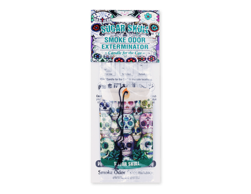 Sugar Skull car freshener by Smoke Odor Exterminator with sandalwood and lavender notes